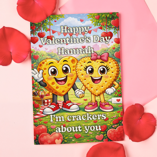 Valentine's Day card with cartoon crackers on a pink background