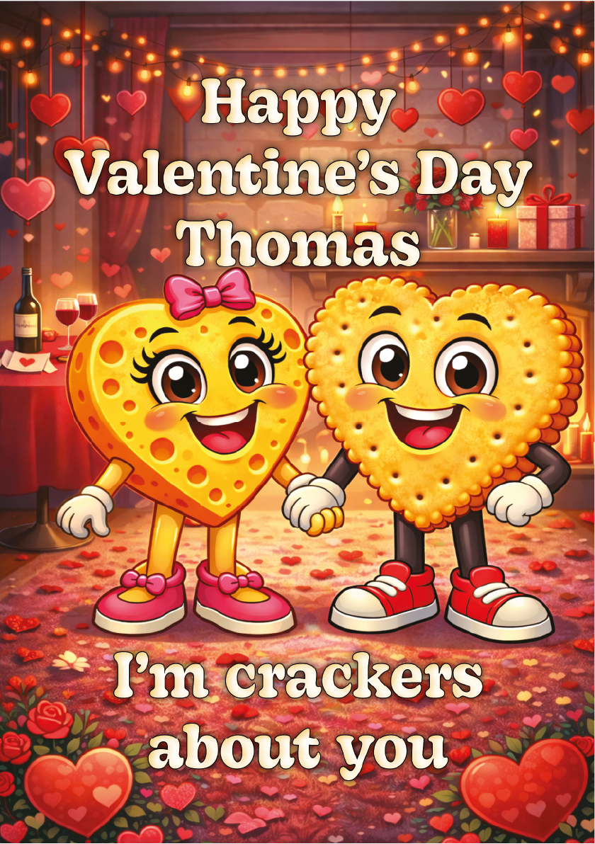 Valentine's Day card with cartoon crackers and text 'Happy Valentine's Day Thomas. I'm crackers about you.'