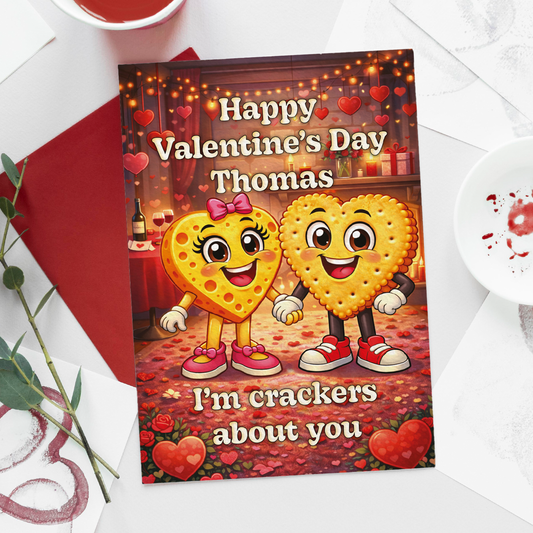 Valentine's Day card with cartoon crackers on a white surface with a red envelope and tea cup.