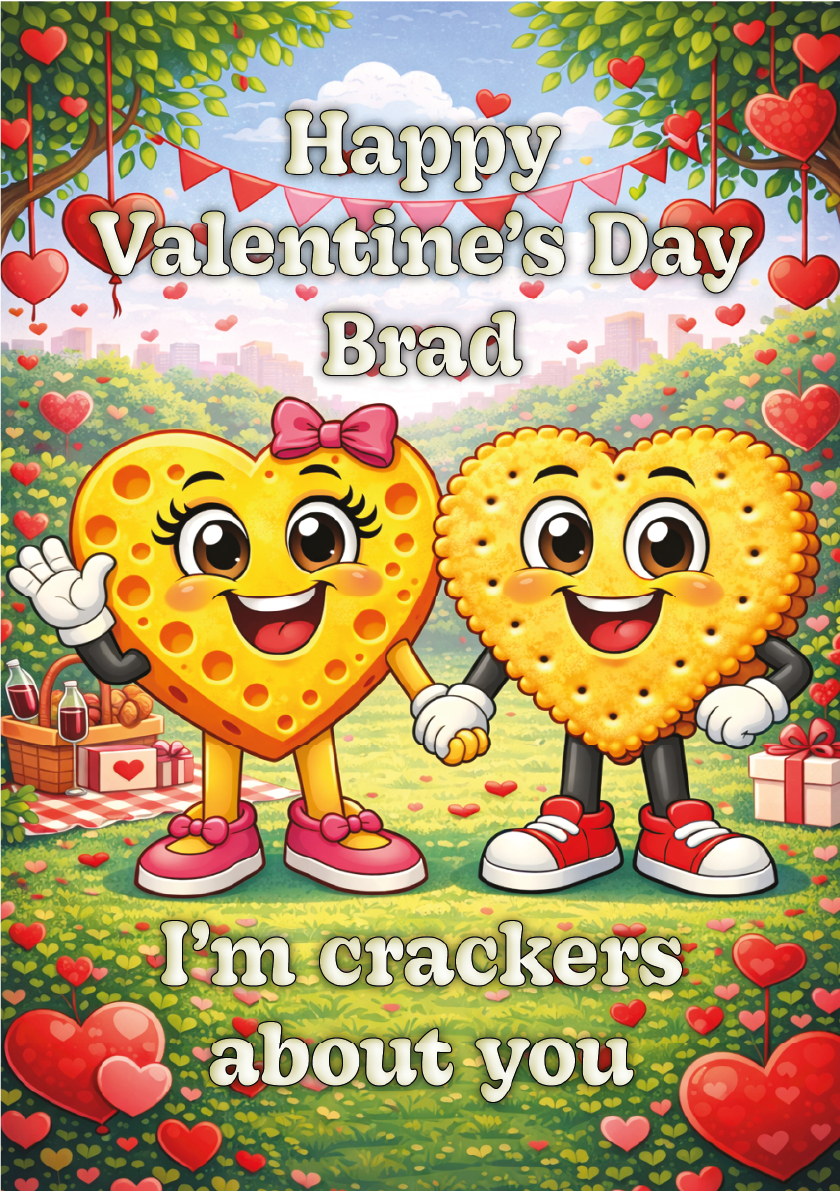 Valentine's Day card with cartoon crackers and hearts on a colorful background