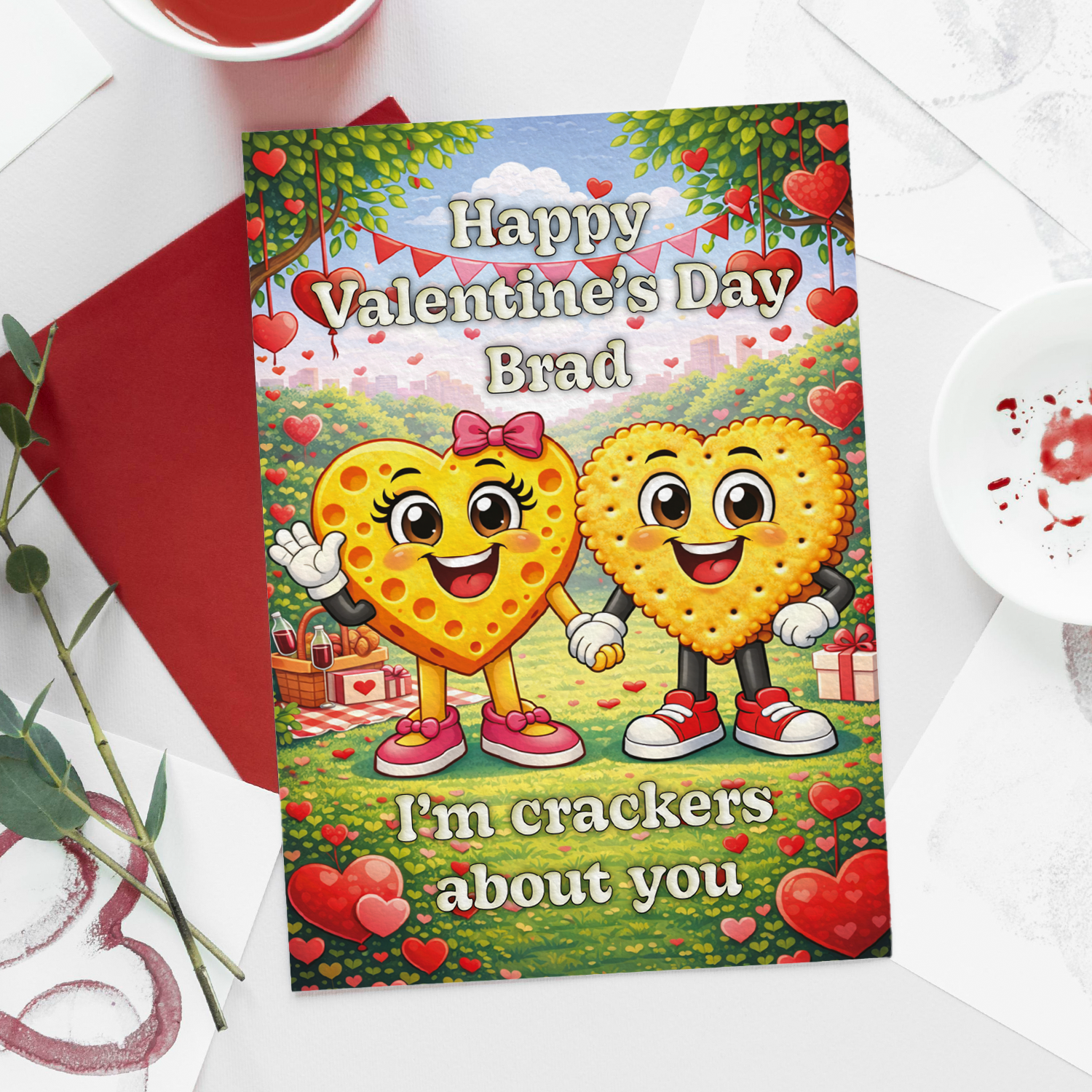 Valentine's Day card with cartoon crackers on a white surface