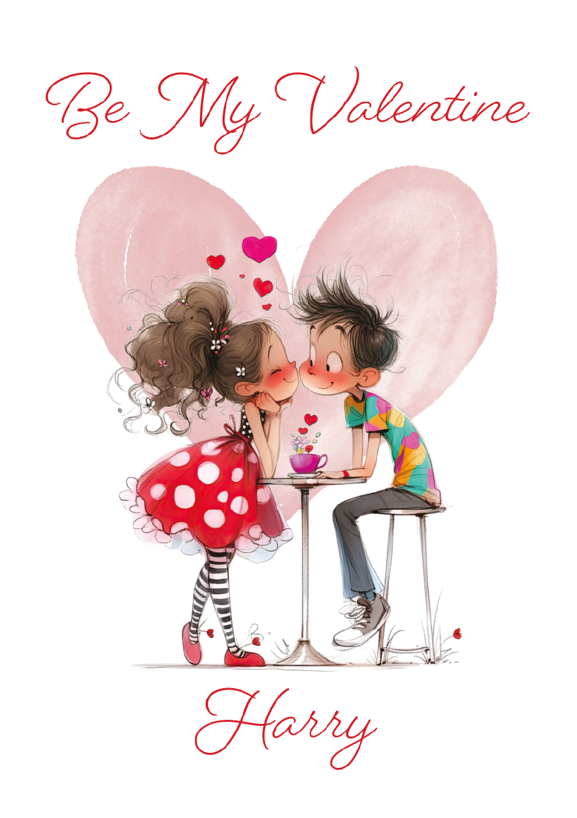 Valentine's Day card with cartoon couple kissing, heart balloons, and 'Be My Valentine' text.