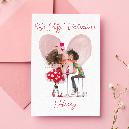Valentine's Day card with cartoon couple and 'Be My Valentine' text on a pink background