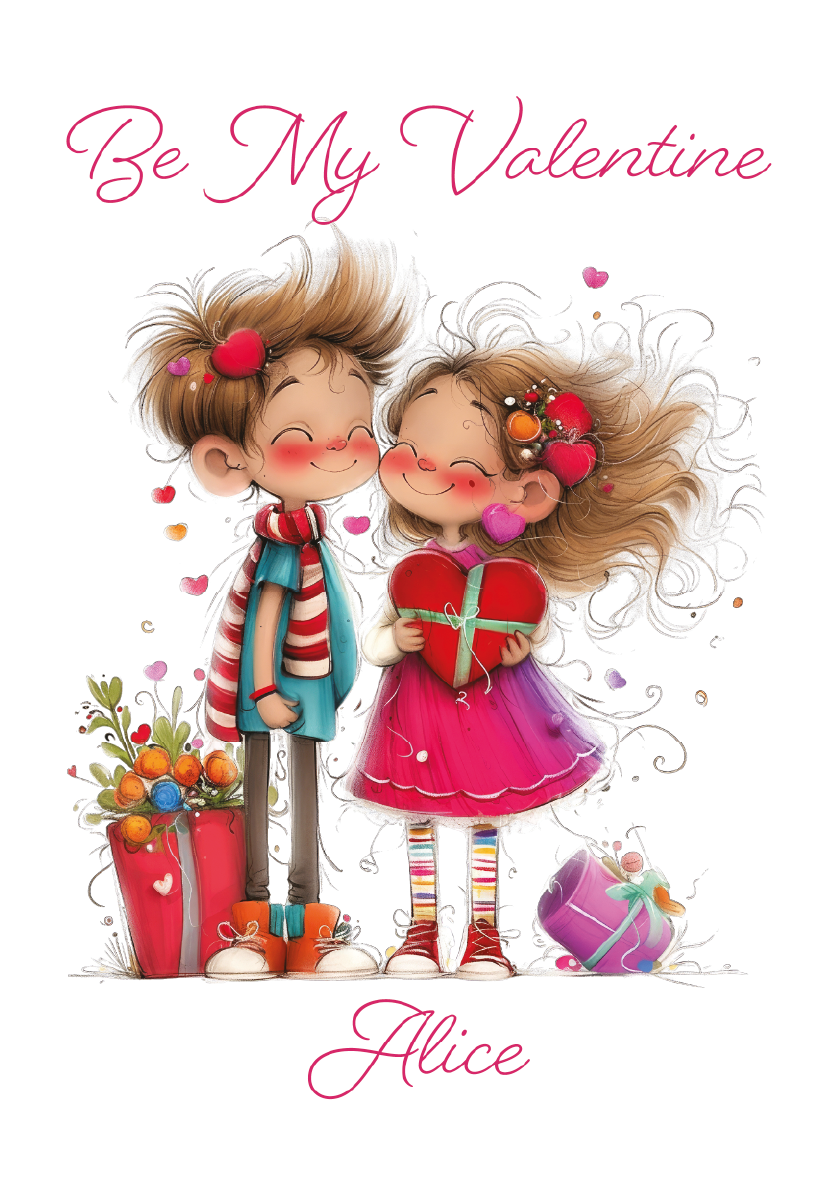 Cartoon couple holding a heart with 'Be My Valentine' text and 'Alice' name.