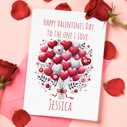 Valentine's Day card with heart-shaped balloons and red roses on a pink background