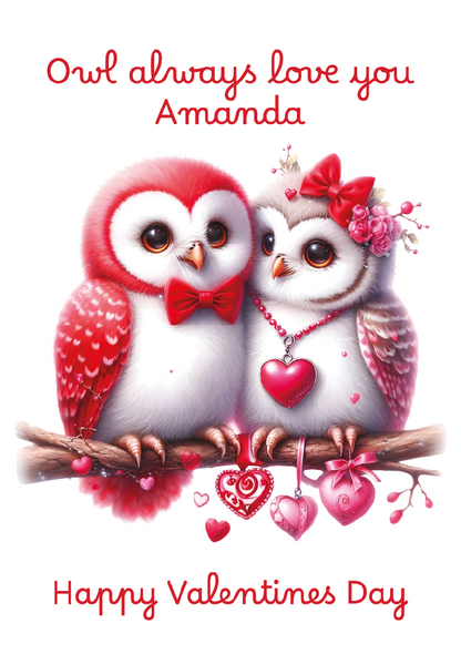 Two owls on a branch with hearts and flowers, with text 'Owl always love you Amanda' and 'Happy Valentine's Day' on a white background.