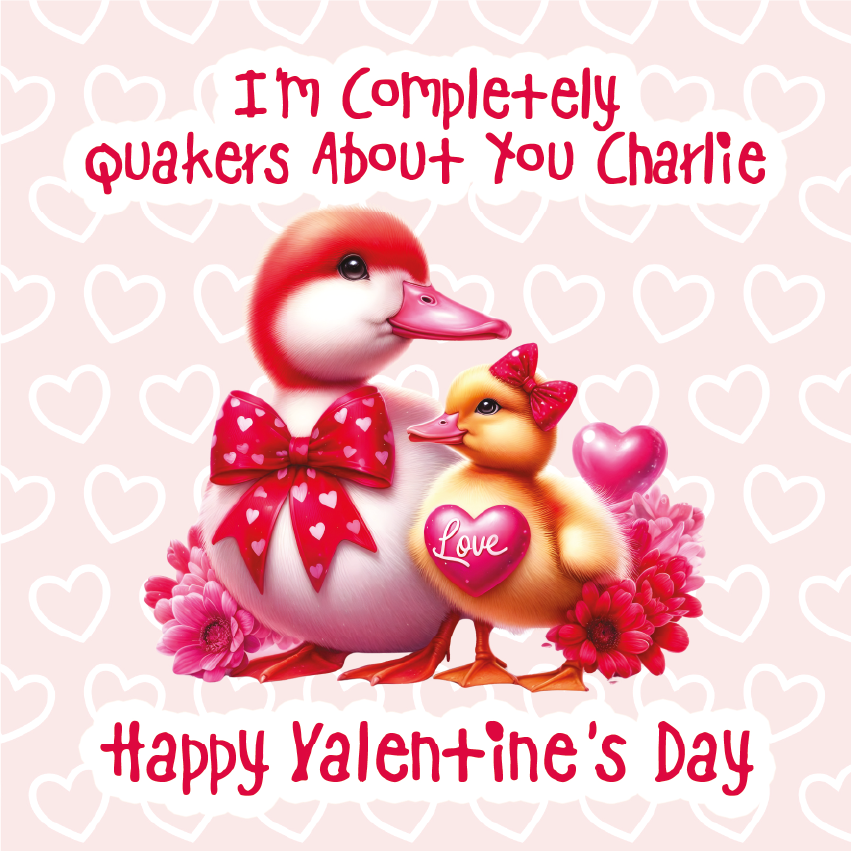 Valentine's Day card with cartoon ducks and decorative text on a heart-patterned background