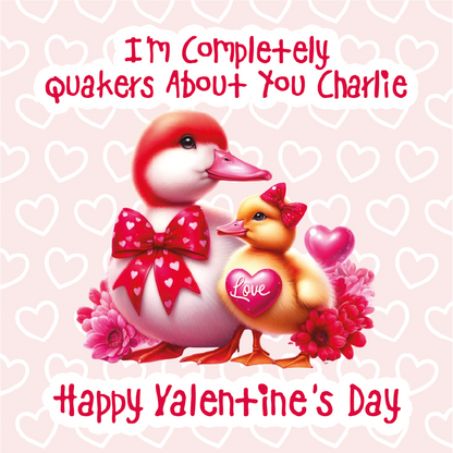 Valentine's Day card with cartoon ducks and decorative text on a heart-patterned background