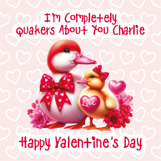 Valentine's Day card with cartoon ducks and decorative text on a heart-patterned background