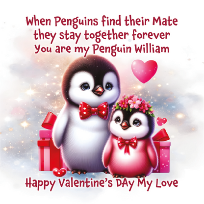 Two penguins with Valentine's Day elements and personalized message on a light background