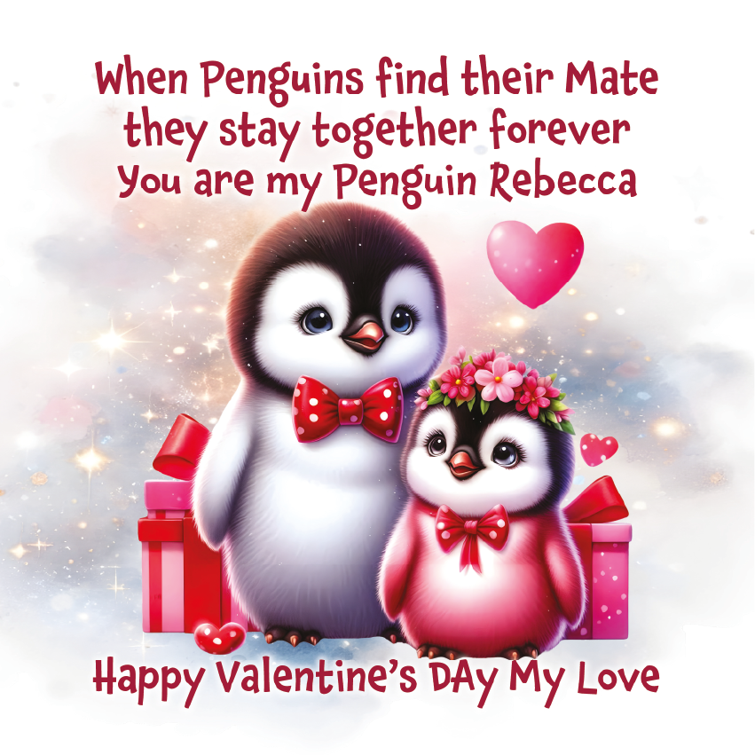 Two penguins with Valentine's Day elements and personalized message on a light background