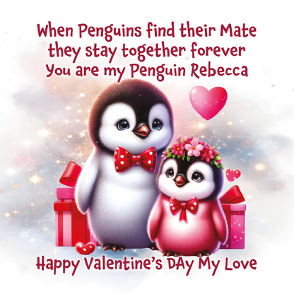 Two penguins with Valentine's Day elements and personalized message on a light background