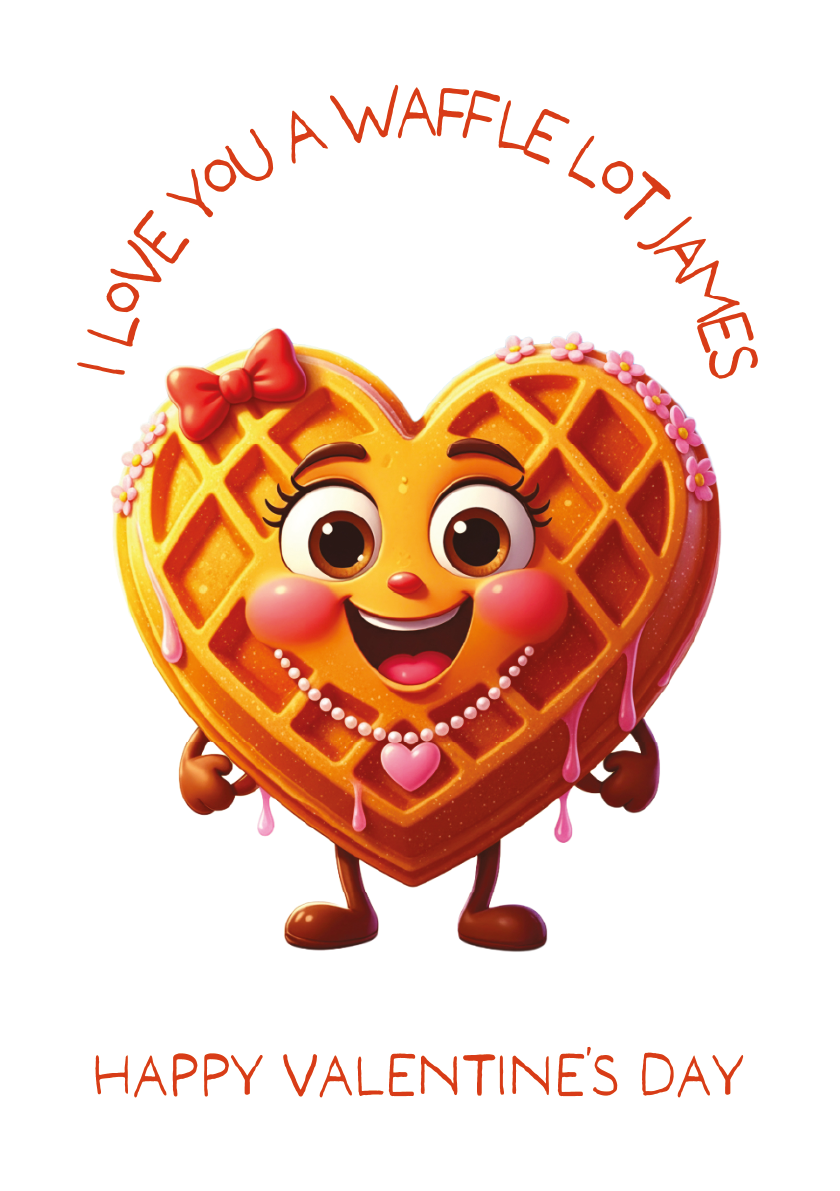 Heart-shaped waffle character with a bow and pink cheeks, text 'I Love You a Waffle Lot James' and 'Happy Valentine's Day' on a white background.