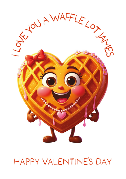 Heart-shaped waffle character with a bow and pink cheeks, text 'I Love You a Waffle Lot James' and 'Happy Valentine's Day' on a white background.