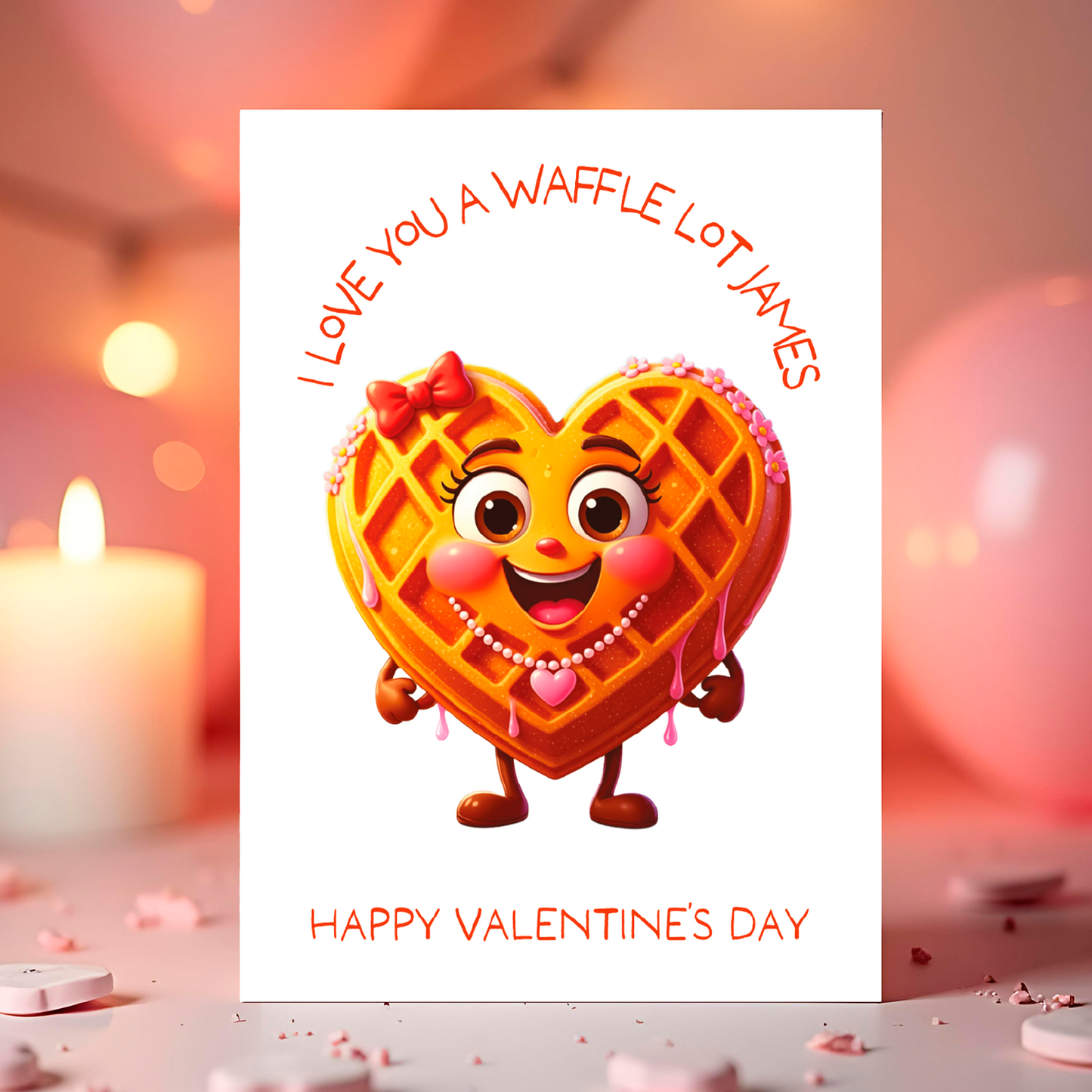 Valentine's Day card with a heart-shaped waffle character and romantic text 'I love you a waffle lot' and happy valentines day' on a romantic themed background
