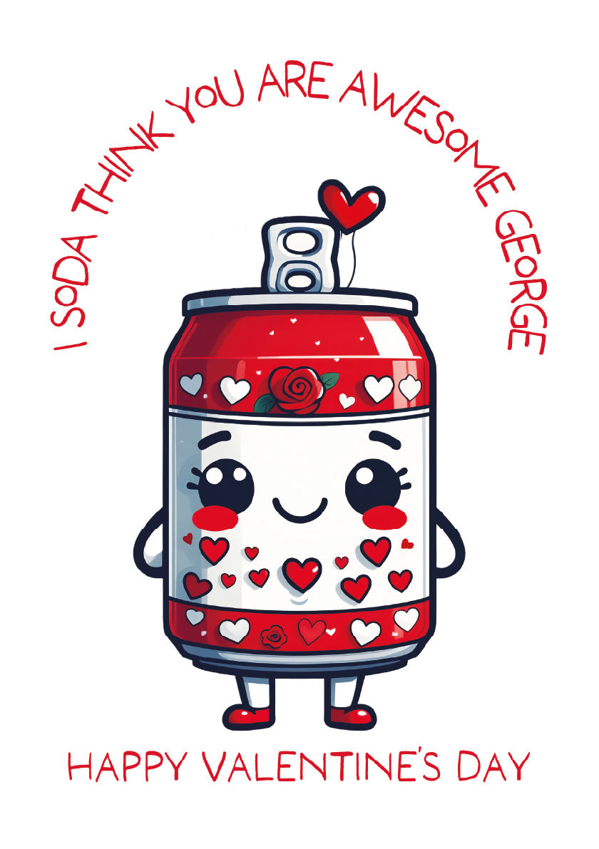 Cartoon soda can with hearts and a personalized message that says 'I soda think you are Awesome George' and 'Happy Valentines Day'  on a white background wi