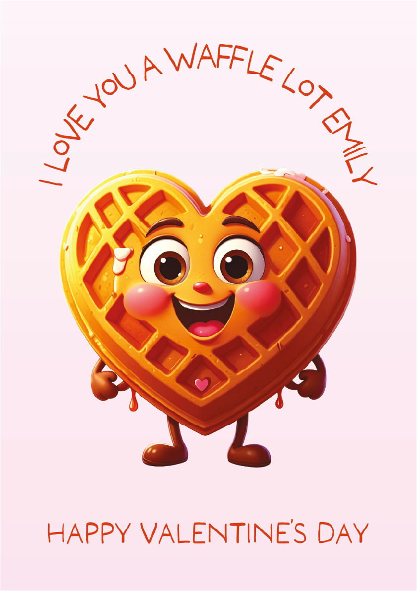 Heart-shaped waffle character with a happy expression on a light pink background, with text 'I LOVE YOU A WAFFLE LOT EMILY' and 'Happy Valentine's Day'.