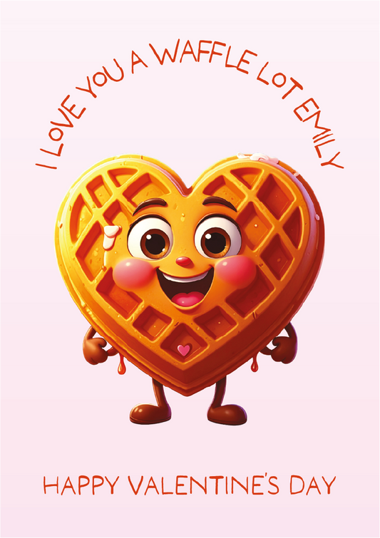 Heart-shaped waffle character with a happy expression on a light pink background, with text 'I LOVE YOU A WAFFLE LOT EMILY' and 'Happy Valentine's Day'.