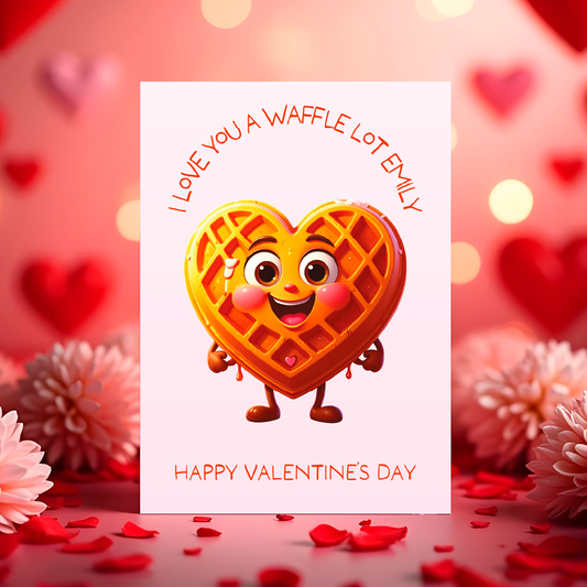 Valentine's Day card with a heart-shaped waffle character  with the text 'I love you a waffle lot Katie' and 'Happy Valentines Day'and floral decorations.