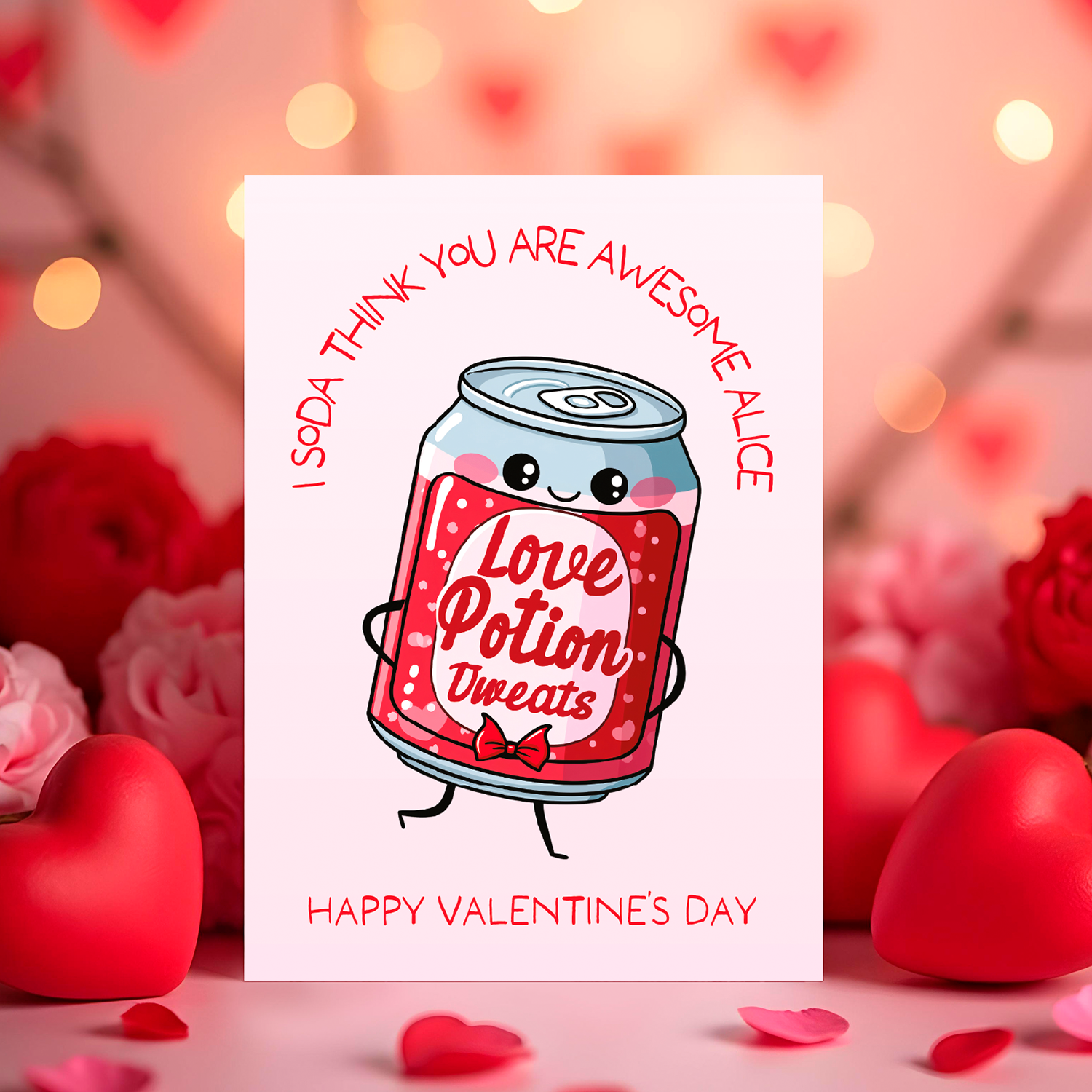 Valentine's Day card with a cartoon love potion can and decorative text  which says 'I soda think you are awesome Alice' and Happy Valentines Day' on a blurred heart-shaped background.