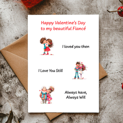Valentine's Day card with romantic illustrations and text on a textured surface