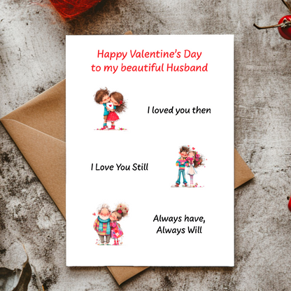 Valentine's Day card for a husband with cartoon illustrations and text on a textured surface.