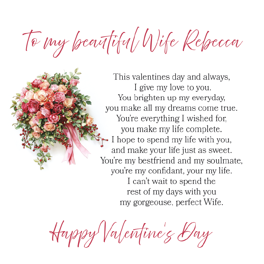 Valentine's Day card with flowers and romantic message to a wife.