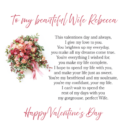 Valentine's Day card with flowers and romantic message to a wife.