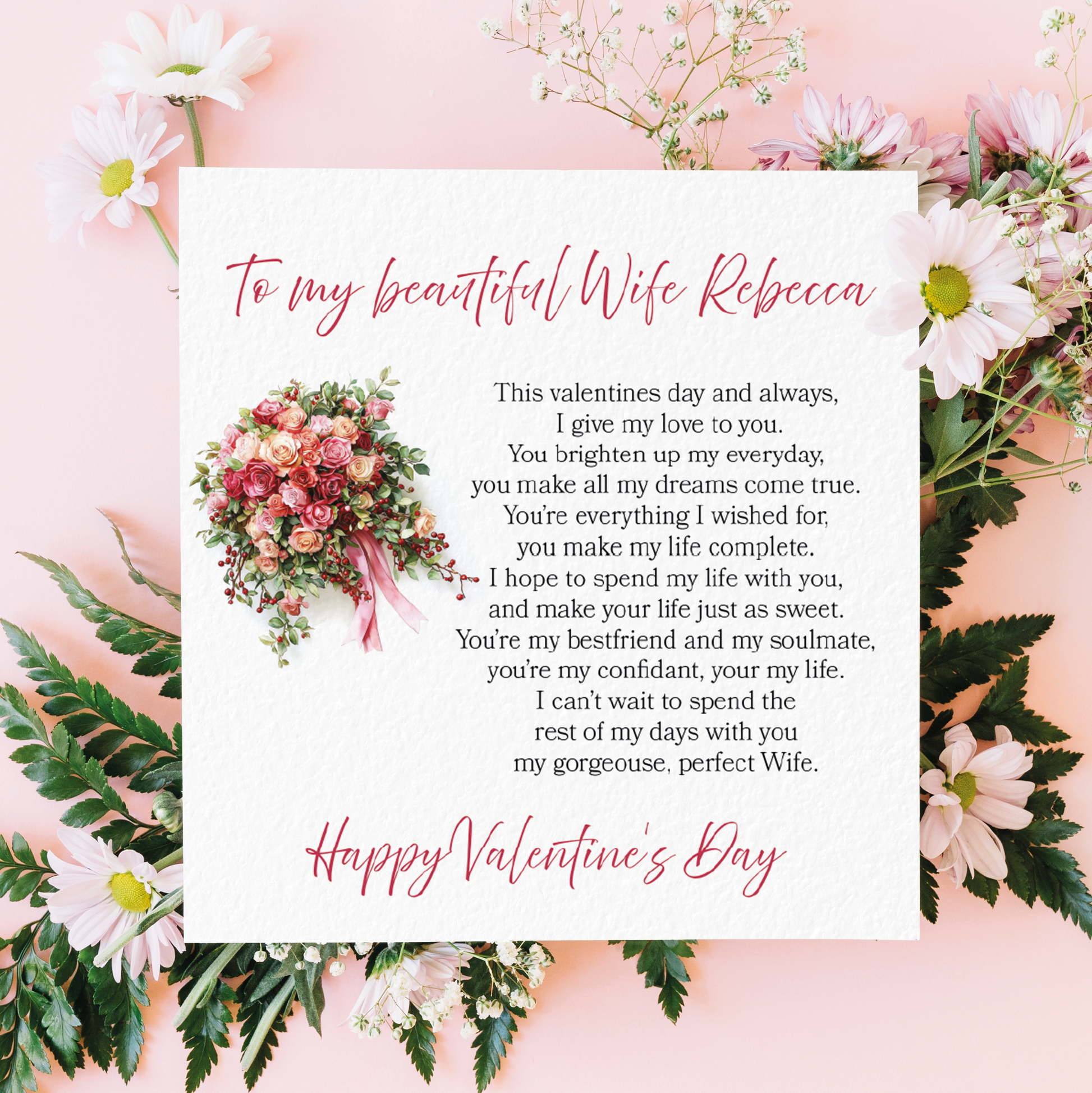 Valentine's Day card for a wife with flowers and text on a pink background
