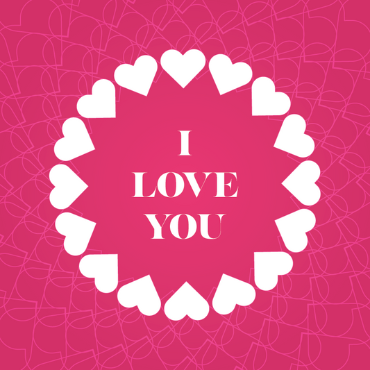 Heart-shaped design with 'I LOVE YOU' text on a pink background