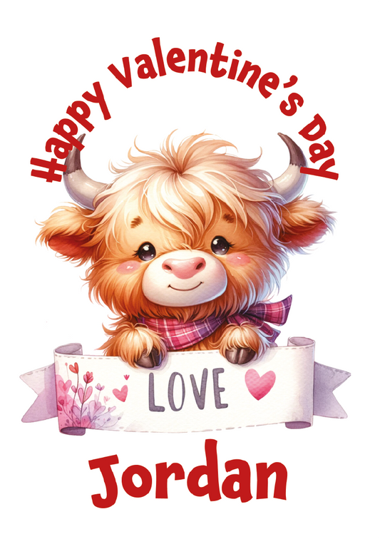 Valentine's Day card with a cartoon highland cow holding a 'Love' banner and 'Happy Valentine's Day' text.