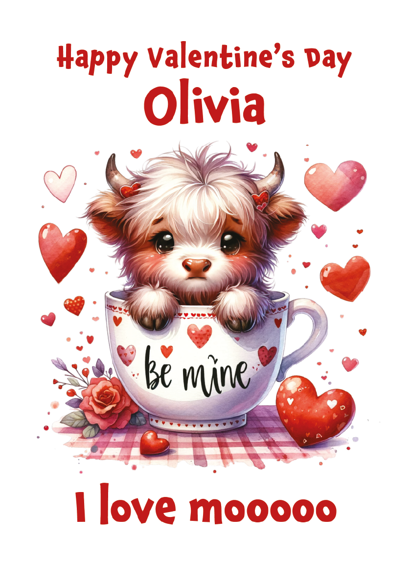 Valentine's Day card with a cute Highland cow in a mug surrounded by hearts and flowers, personalized for 'Olivia'.