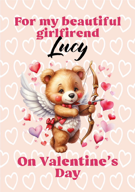 Valentine's Day card with a bear cupid illustration and hearts on a pink background. with the text 'For my beautiful girlfriend ' and 'On Valentines Day' on a pastel ping background with white hearts on it.
