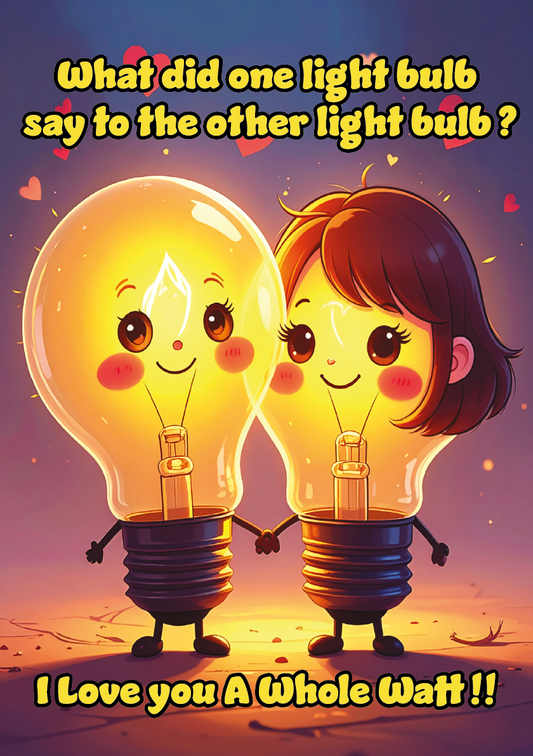 Two cartoon light bulbs holding hands with the text ' what did one light bulb say to the other light bulb?' and "I love you a whole watt'  on a colorful background