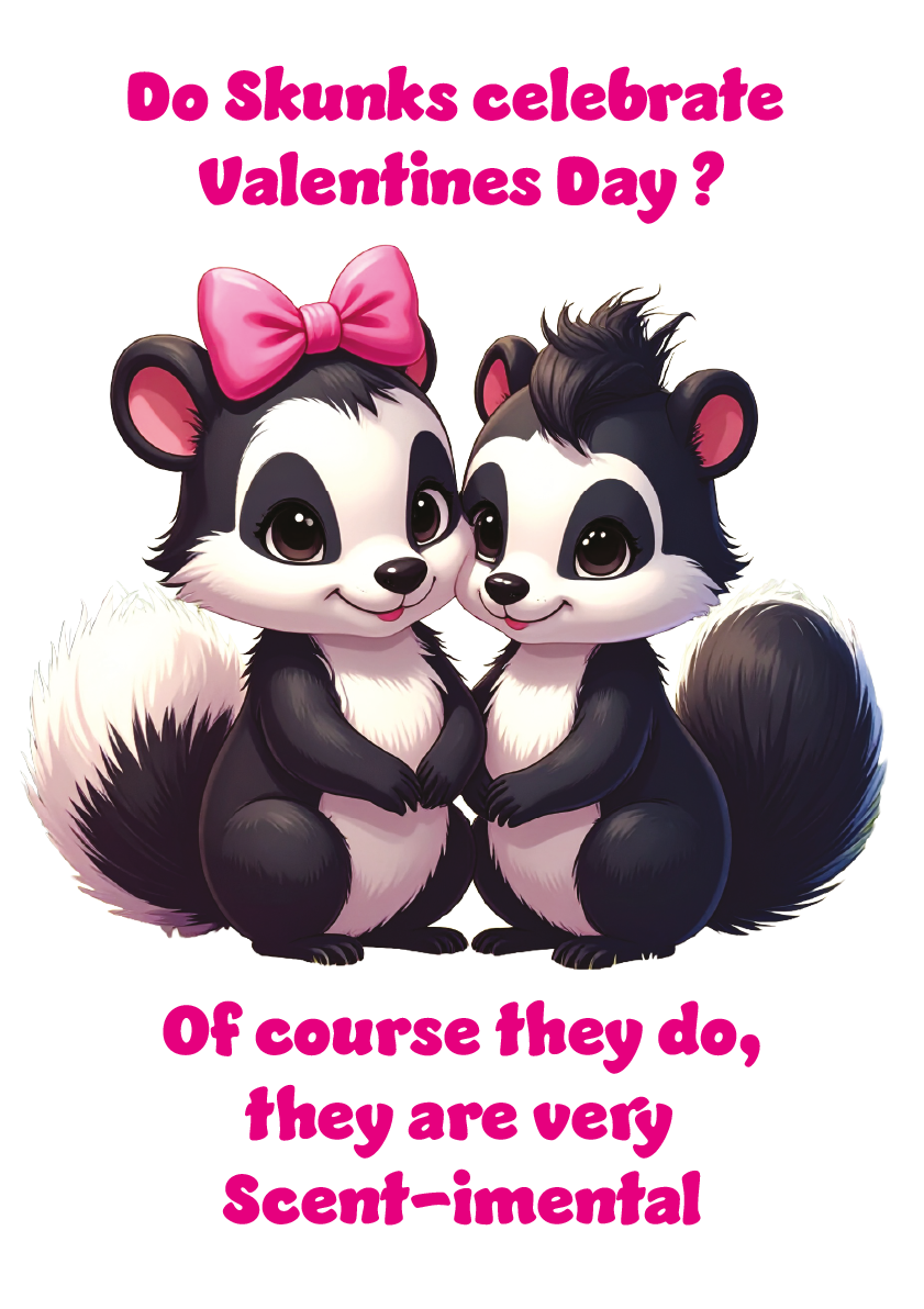 Two cartoon skunks with a pink bow and text 'Do skunks celebrate valentines day' and "of course they do they are very scent-mental' .