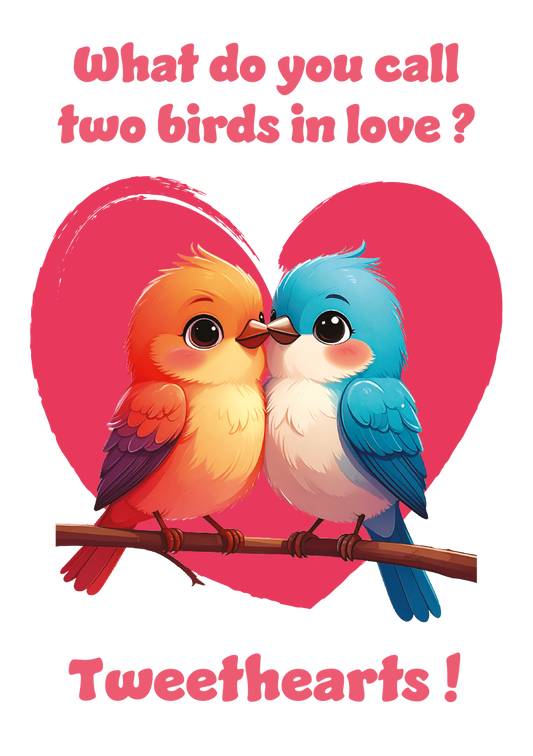 Two birds on a branch with a heart in the background and text 'What do you call two birds in love? Tweethearts!'