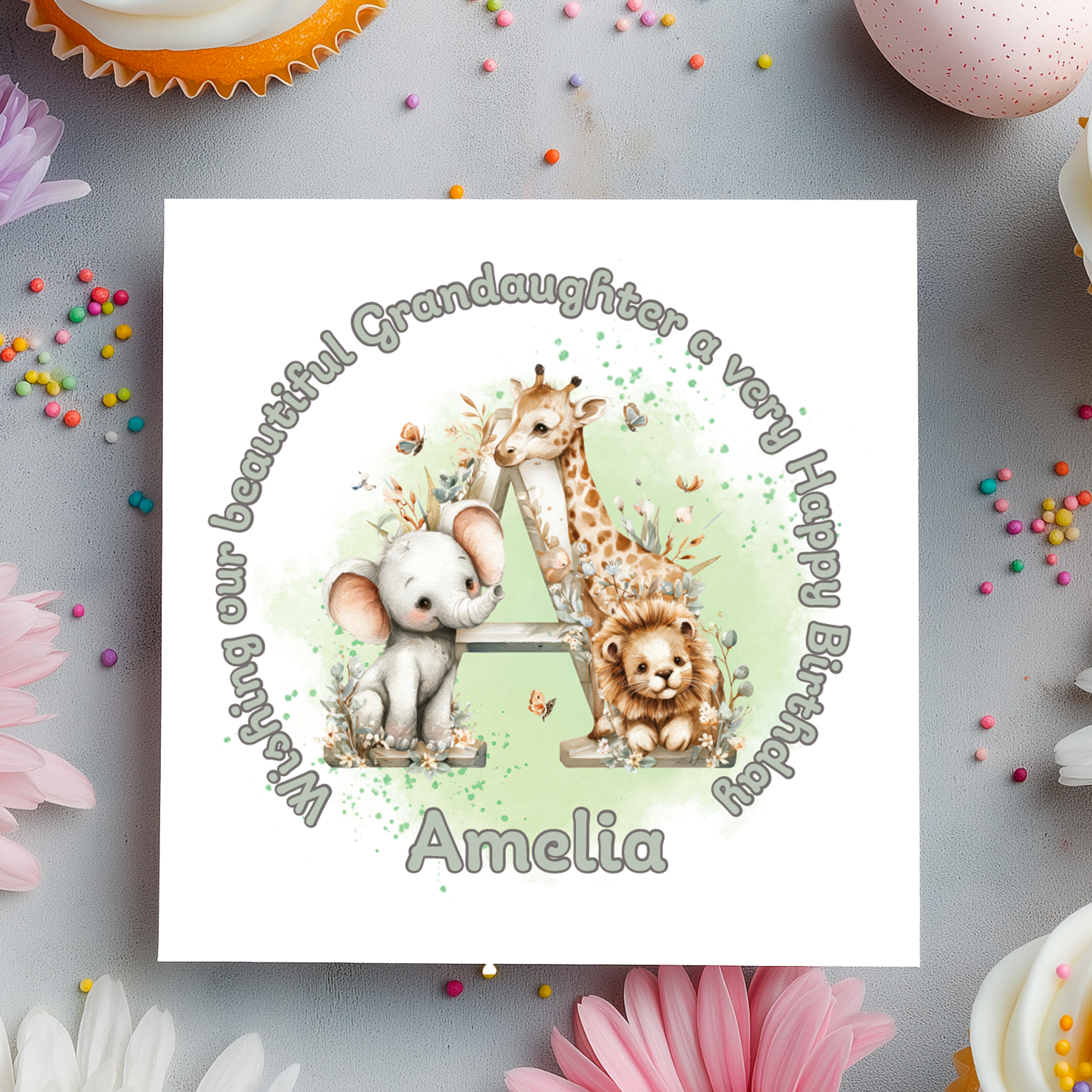 Birthday card with animals and personalized text on a decorative background