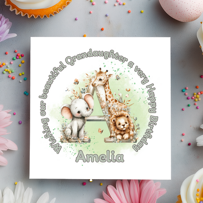 Birthday card with animals and personalized text on a decorative background