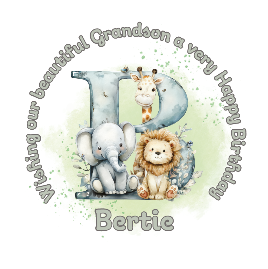 Illustration of a giraffe, elephant, and lion with a letter 'B' on a light green background, featuring birthday wishes  and personalised name, age and relation