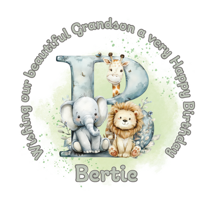 Illustration of a giraffe, elephant, and lion with a letter 'B' on a light green background, featuring birthday wishes  and personalised name, age and relation