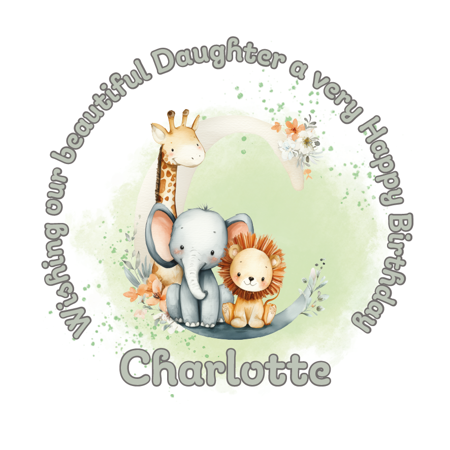 Illustration of a giraffe, elephant, and lion with a letter 'C' on a light green background, featuring birthday wishes  and personalised name, age and relation