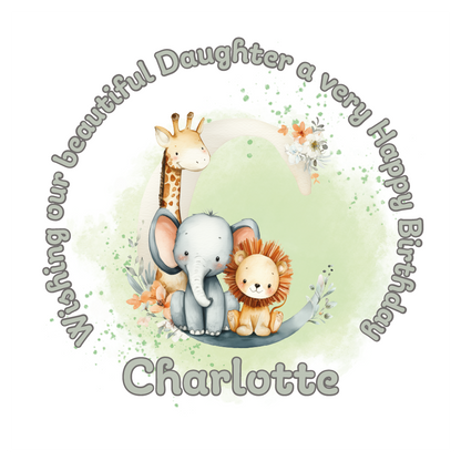 Illustration of a giraffe, elephant, and lion with a letter 'C' on a light green background, featuring birthday wishes  and personalised name, age and relation