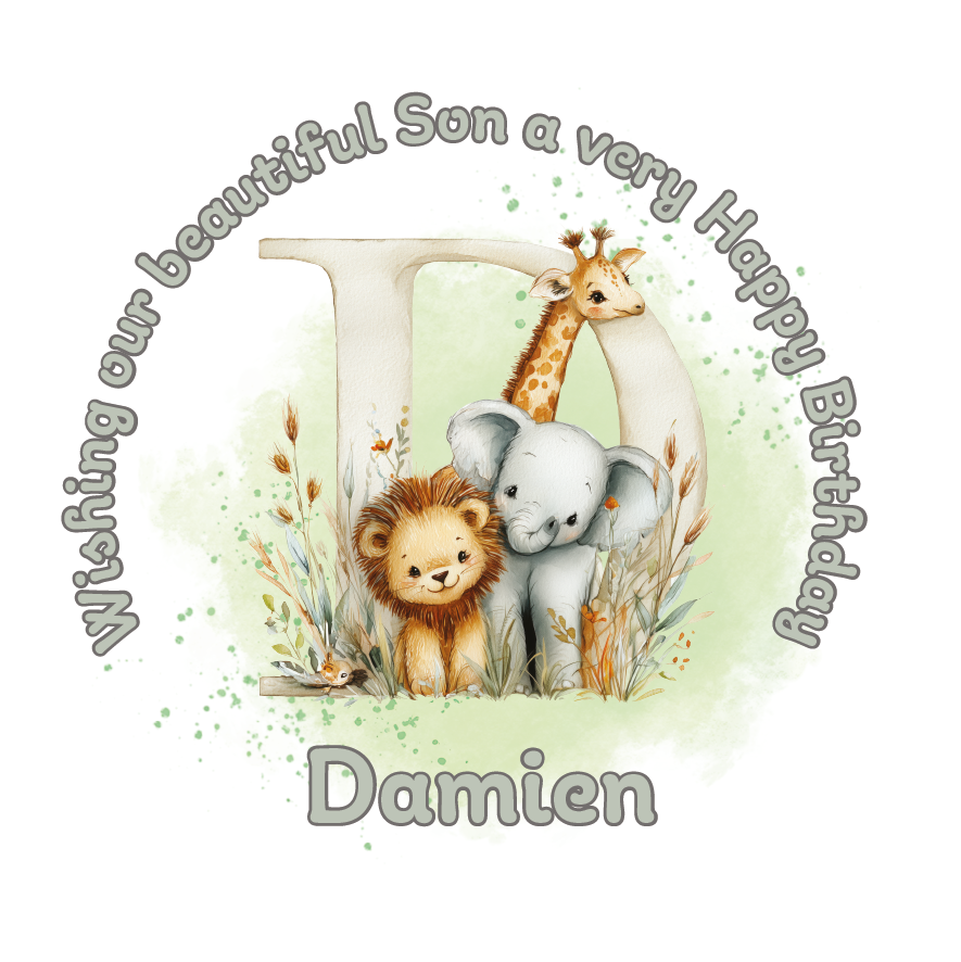 Illustration of a giraffe, elephant, and lion with a letter 'D' on a light green background, featuring birthday wishes  and personalised name, age and relation