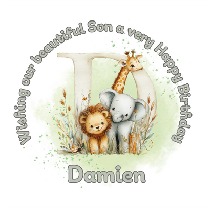 Illustration of a giraffe, elephant, and lion with a letter 'D' on a light green background, featuring birthday wishes  and personalised name, age and relation