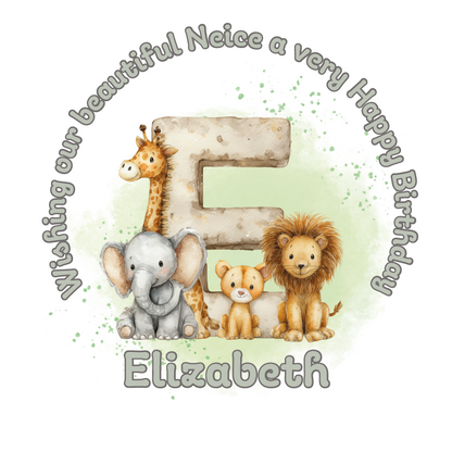 Illustration of a giraffe, elephant, and lion with a letter 'E' on a light green background, featuring birthday wishes  and personalised name, age and relation