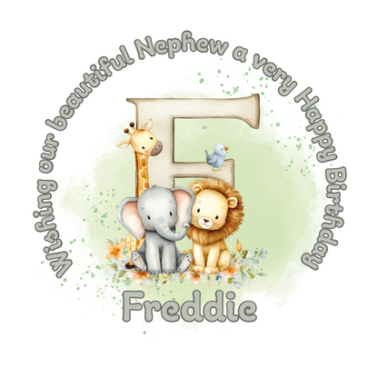 Illustration of a giraffe, elephant, and lion with a letter 'F' on a light green background, featuring birthday wishes  and personalised name, age and relation
