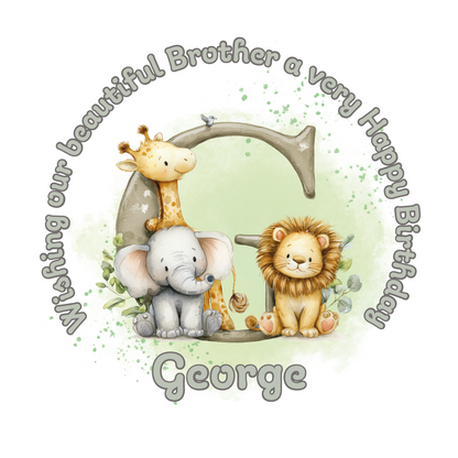 Illustration of a giraffe, elephant, and lion with a letter 'G' on a light green background, featuring birthday wishes  and personalised name, age and relation