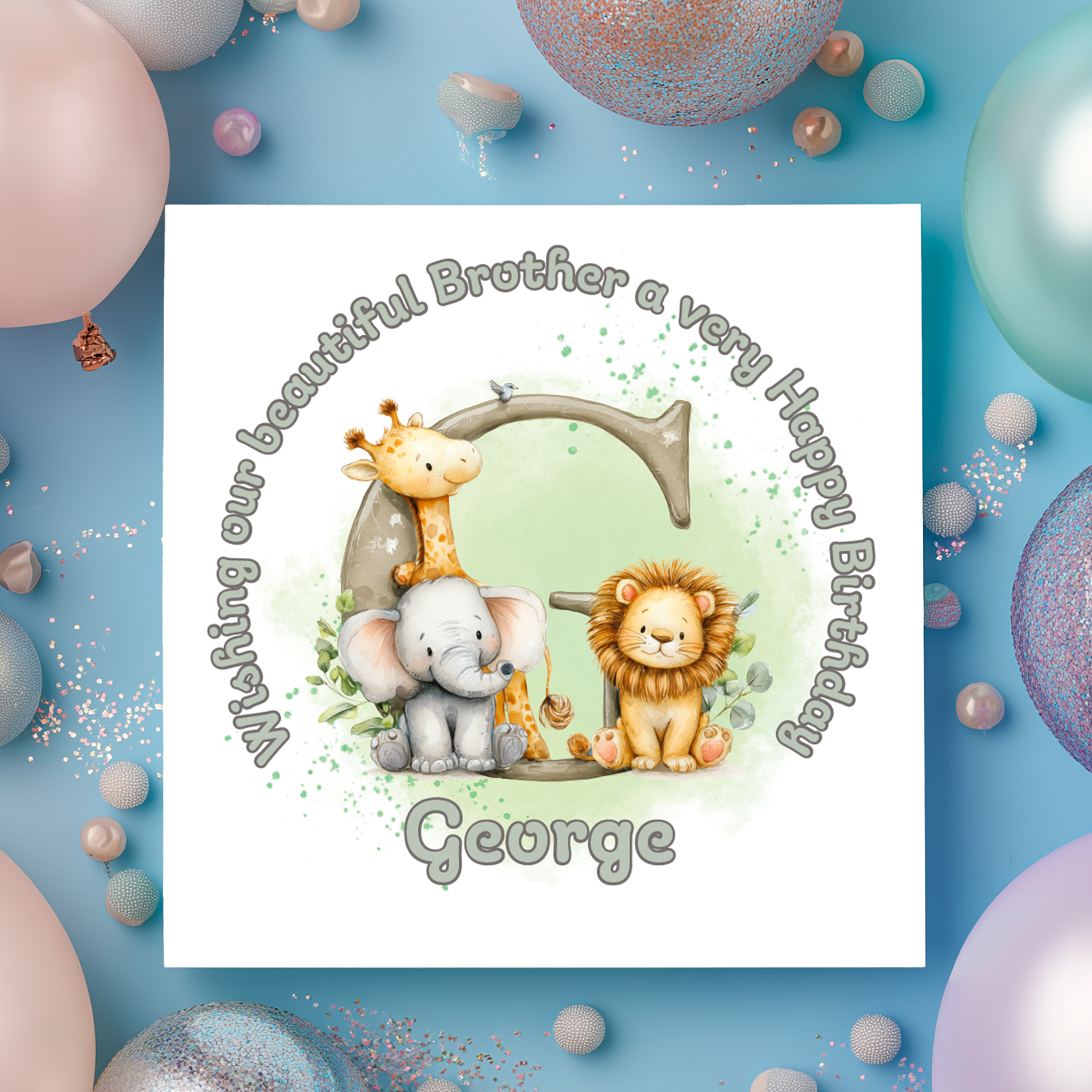 Children's birthday card with cartoon animals surrounded by balloons on a blue background and personalised text
