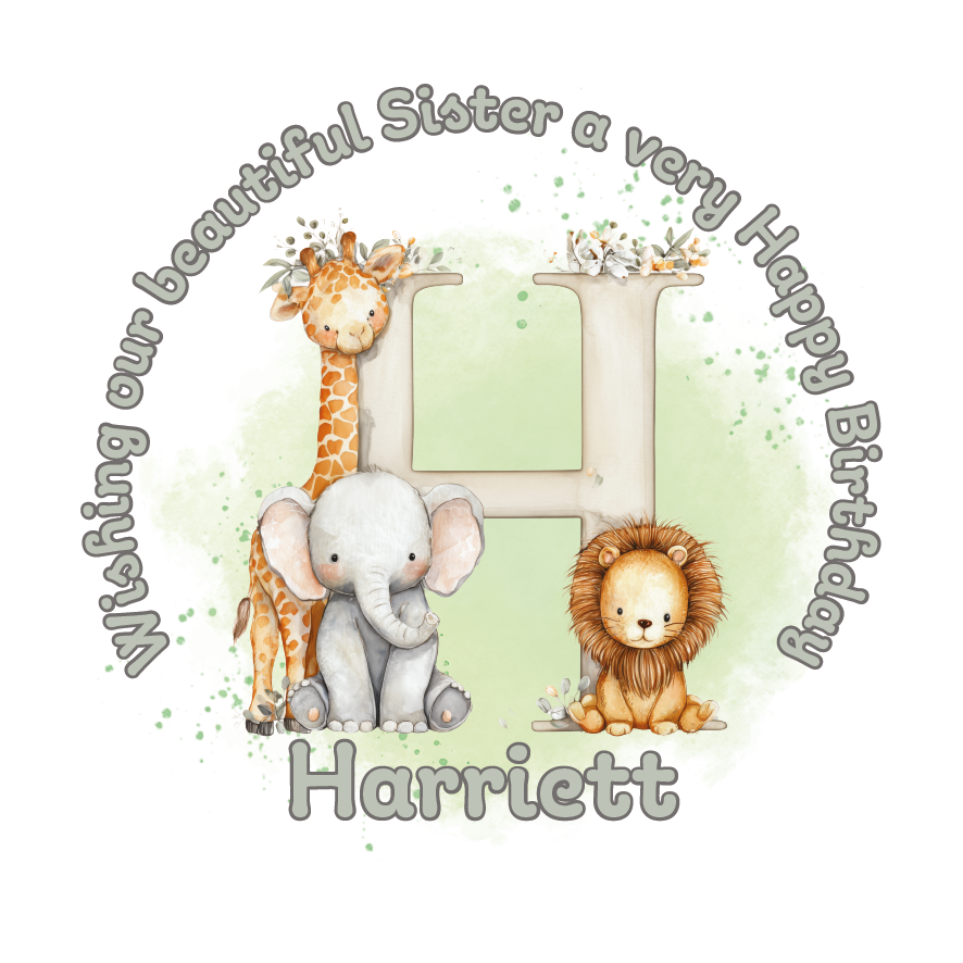 Illustration of a giraffe, elephant, and lion with a letter 'H' on a light green background, featuring birthday wishes  and personalised name, age and relation