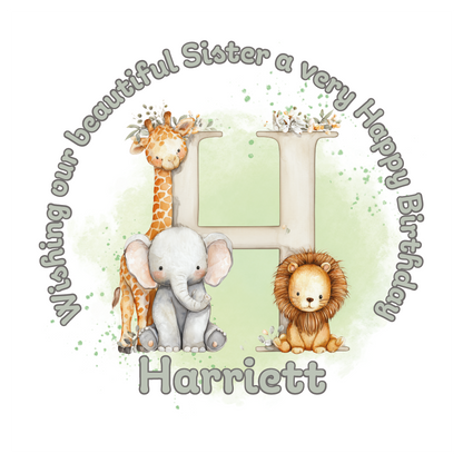 Illustration of a giraffe, elephant, and lion with a letter 'H' on a light green background, featuring birthday wishes  and personalised name, age and relation